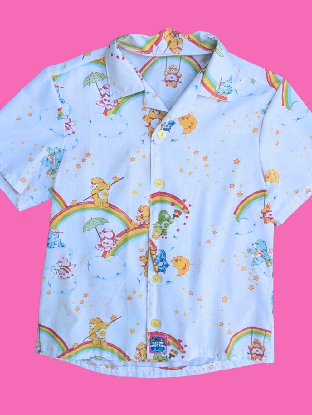 Handmade, Upcycled Carebears Bedsheet Button Down Shirt Size S - Picture 2 of 4